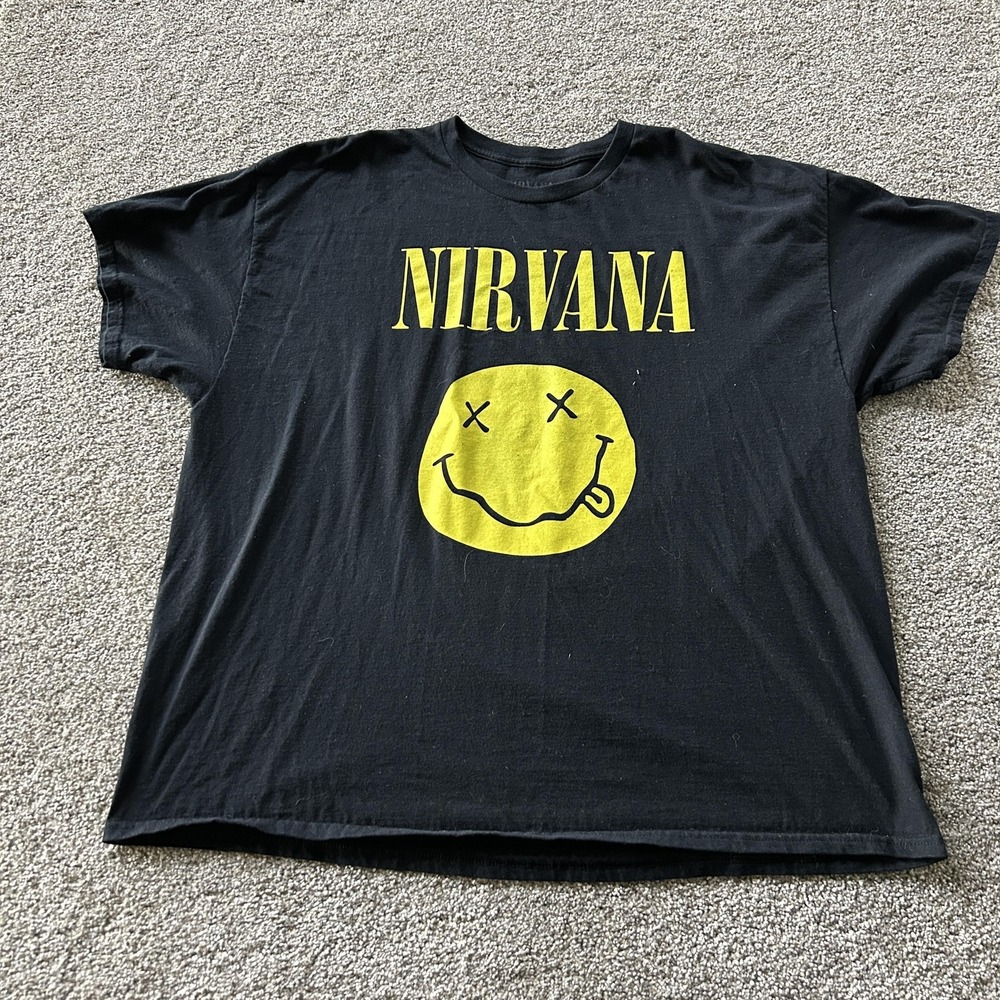 Nirvana Smiley Face Shirt Mens 3XL Black Rock Band Music Graphic Tee T-Shirt